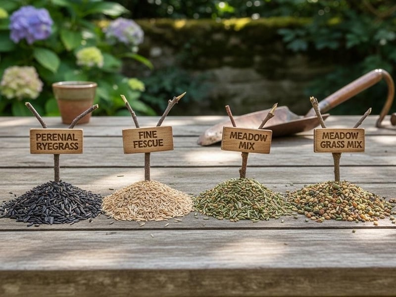 Different UK grass seed varieties showing varying textures and colours