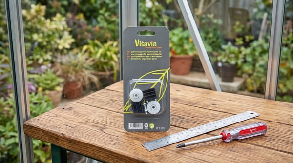 Genuine Vitavia greenhouse door maintenance kit on a workbench