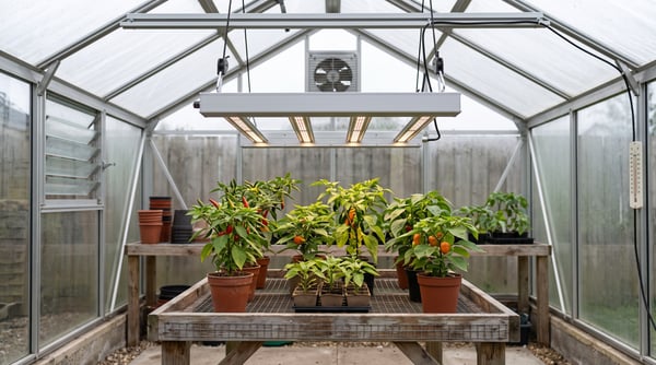 G-Bars 170 four-bar LED grow light suspended above a dry greenhouse chilli bench