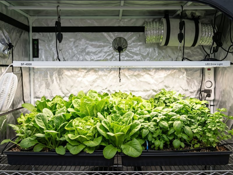 LED grow light bar hanging above a measured distance from a green leafy plant canopy