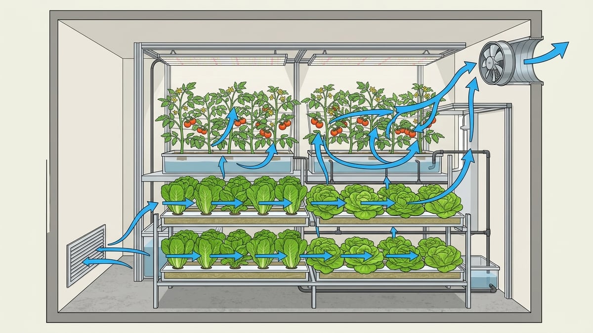 Airflow pattern through an indoor hydroponic food growing room