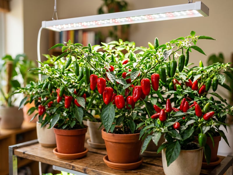 Indoor chilli plants with ripening red and green pods growing under an LED grow light