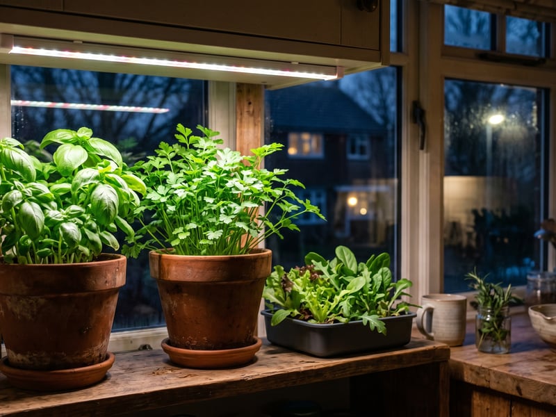 Fresh basil, parsley and salad leaves growing under an LED grow light on an indoor kitchen shelf in winter