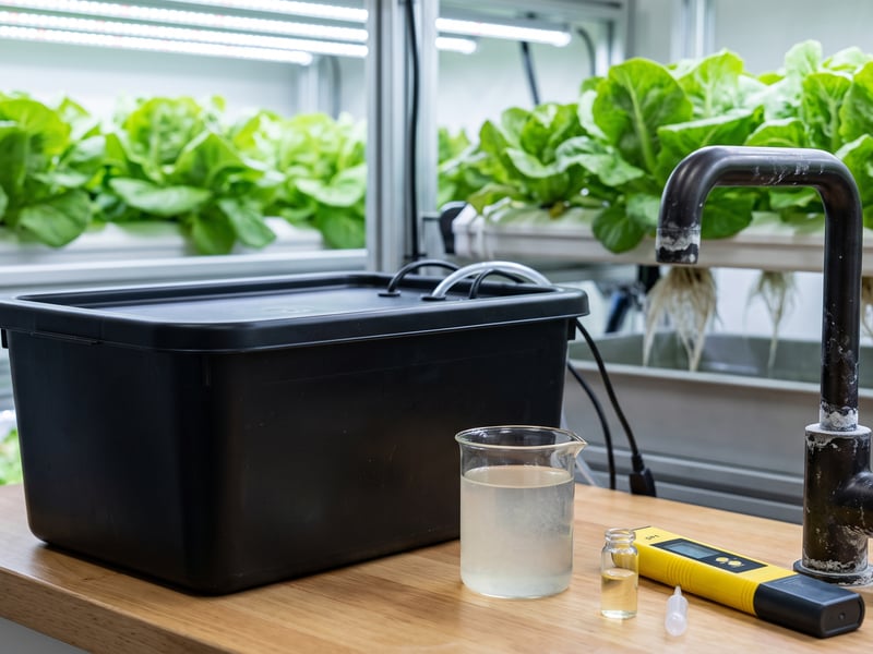 Covered hydroponic reservoir beside a cloudy hard-water sample and mineral deposits on a tap