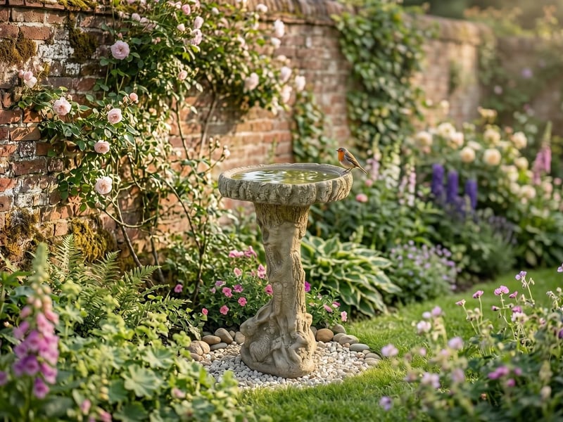 Cast stone hare birdbath with a sculpted hare at the base against an old red-brick wall with a robin on the rim