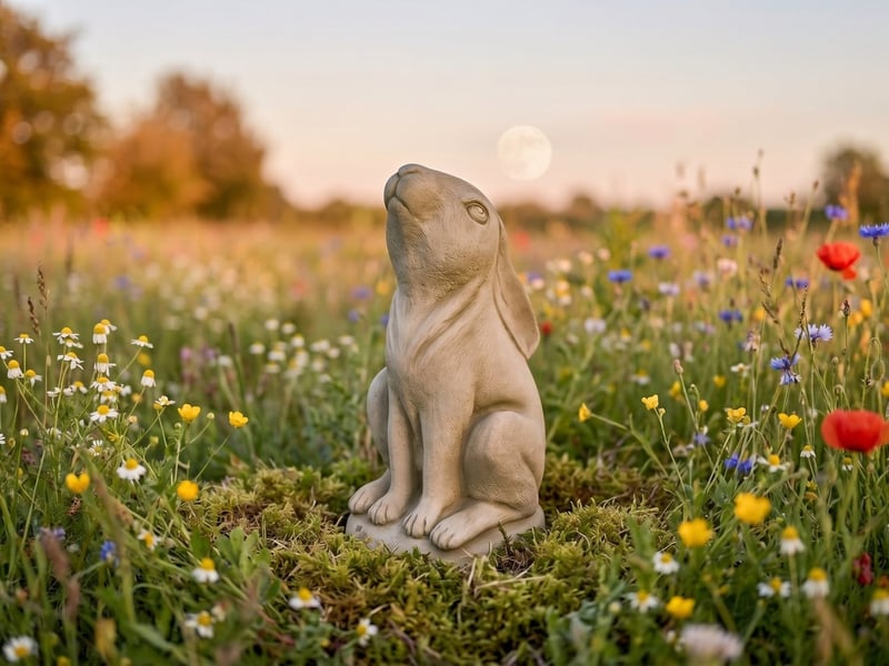 Cast stone moon gazing hare garden ornament gazing up at a low full moon in a wildflower meadow garden at dusk