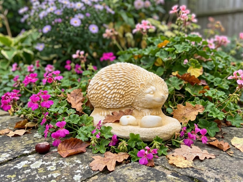 Sandstone hedgehog with apples garden ornament tucked at the base of a flowering border with fallen leaves in a suburban patio garden