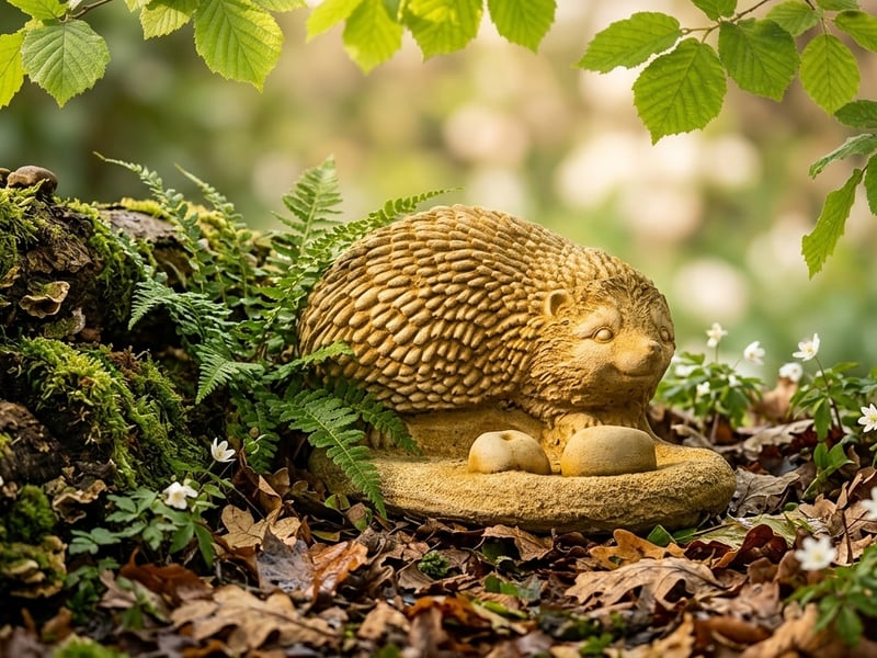 Hedgehog with Apples Stone Garden Ornament in Sandstone tucked into a wildlife garden border alongside ferns log pile and wood anemones
