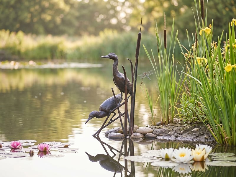 Pair of bronzed metal heron garden statues standing among reeds at the edge of a wildlife pond with water lilies