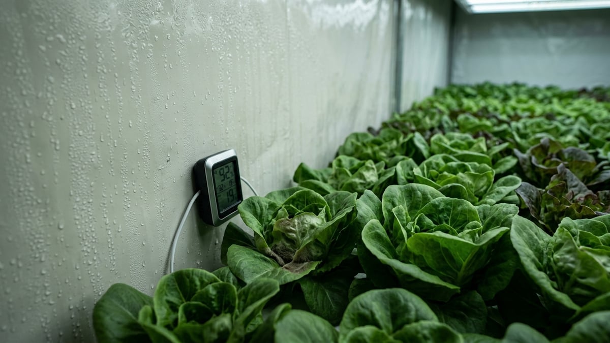 Condensation beside crowded hydroponic lettuce at high humidity