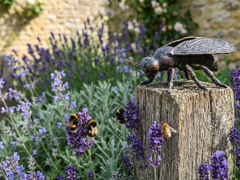 Honey Bee Metal Garden Ornament mounted on a wooden fence above a lavender and catmint border with bumblebees foraging on the flowers below