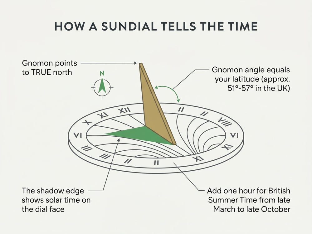 Diagram of how a sundial tells the time: the gnomon points to true north, its angle equals your latitude of about 51 to 57 degrees in the UK, the shadow edge shows solar time, and you add one hour for British Summer Time