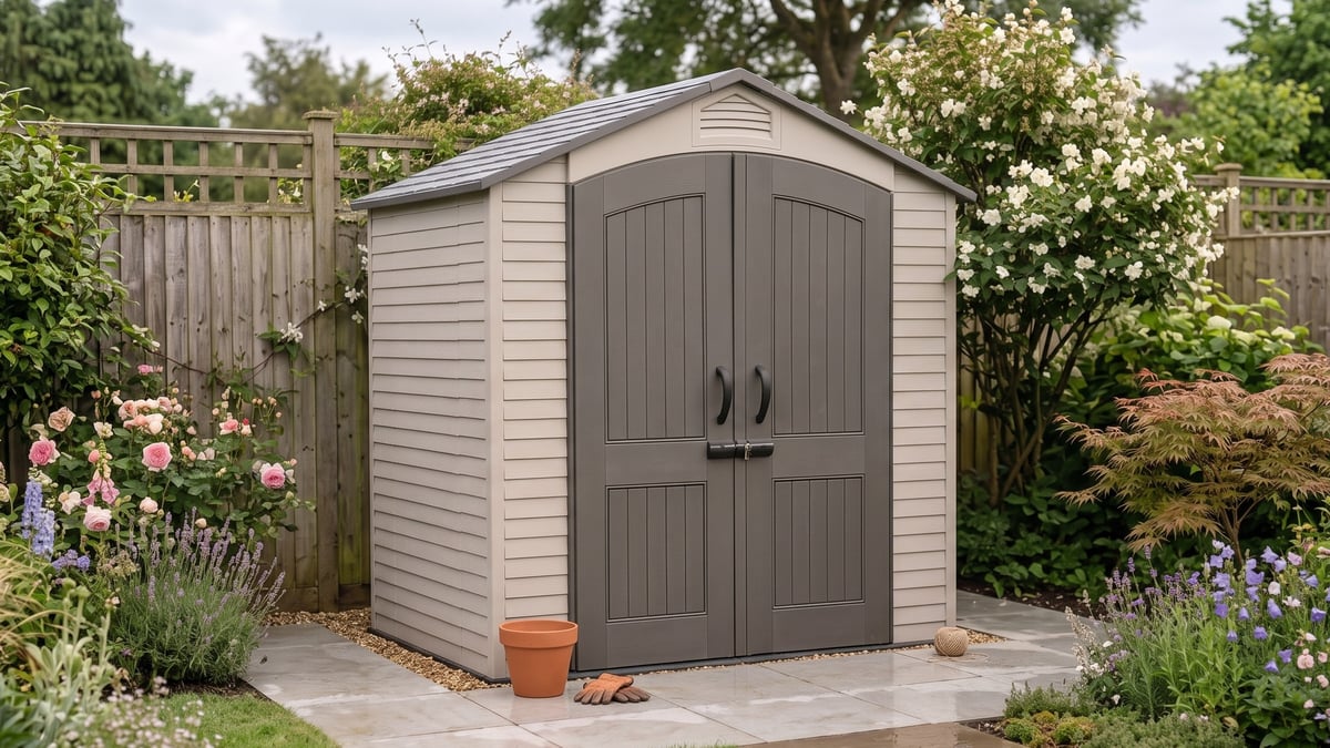 Lifetime 7x4.5 plastic shed on a level paved base in a British garden