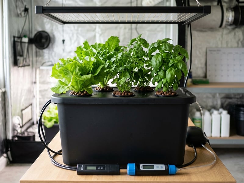 Clean hydroponic reservoir beside a calendar, EC meter and leafy green plants