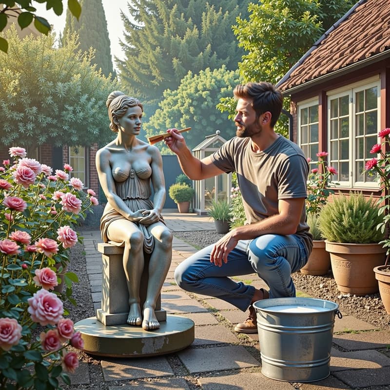 Cleaning a stone garden statue with a soft brush and soapy water