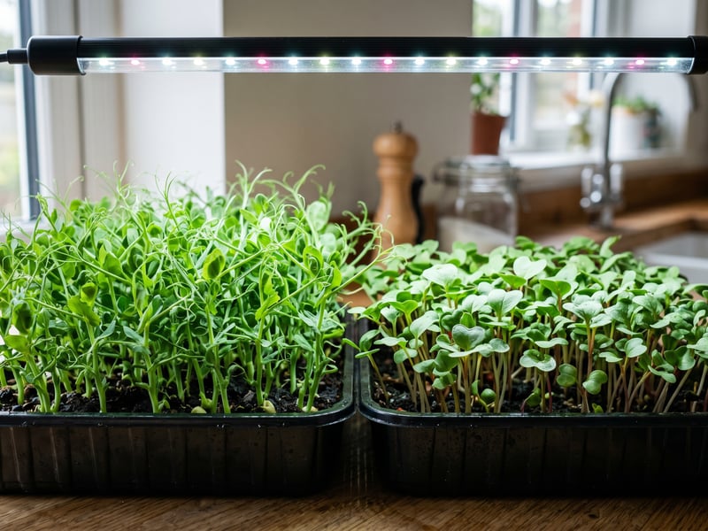 Microgreens growing in trays on a kitchen worktop in a UK home, radish and pea shoots under an LED bar