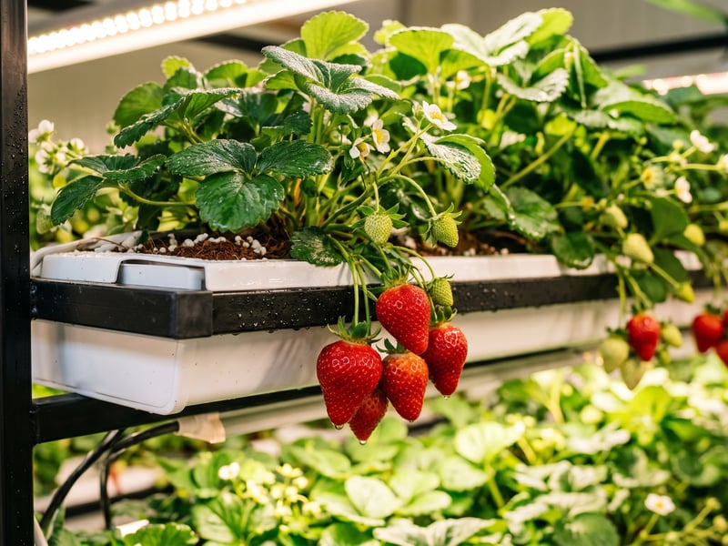 Ripe red strawberries growing in a hydroponic ebb and flow tray under LED grow lights indoors