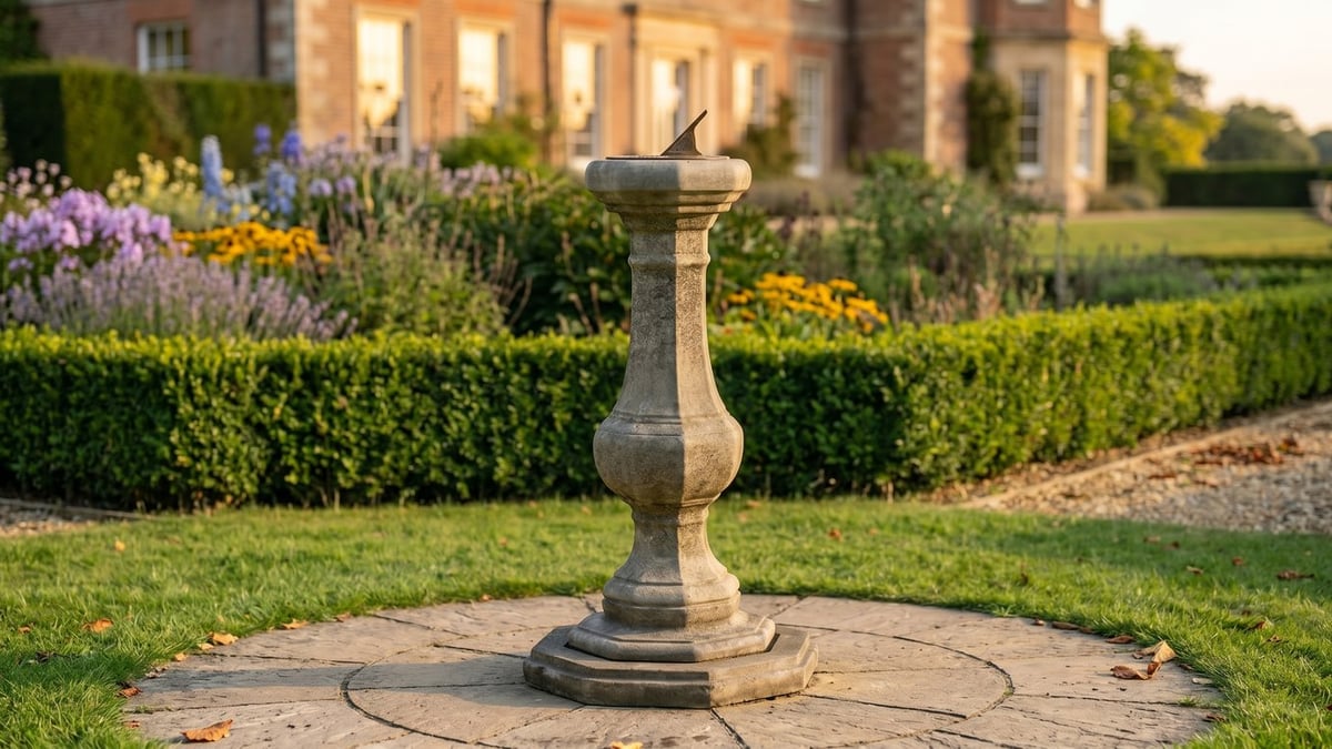 Aged brass horizontal sundial on a weathered stone pedestal in an English country garden at golden hour, gnomon casting a long shadow across the dial