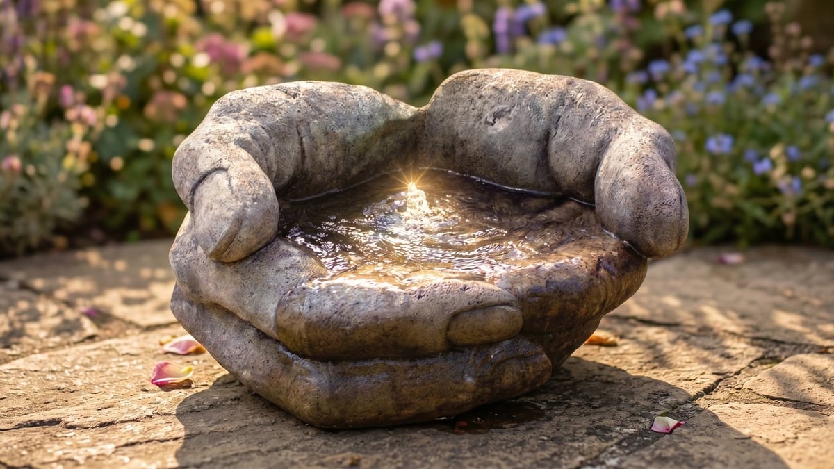 Cupped stone hands water feature holding crystal-clear water with a small bubble jet on a sunlit garden patio