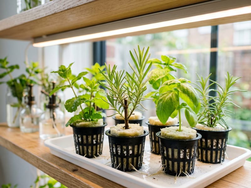 Healthy plant cuttings rooting in net cups on cellulose mats under a grow light bar on an indoor propagation shelf