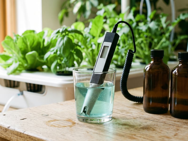 A digital pH and EC meter beside hydroponic nutrient bottles and a reservoir of solution