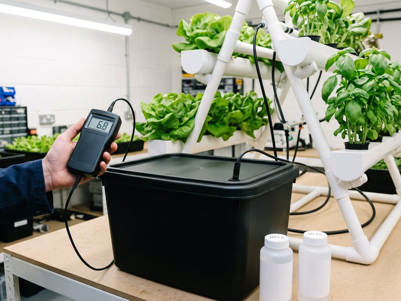 Digital pH meter reading 6.8 beside a covered hydroponic reservoir and healthy salad crops