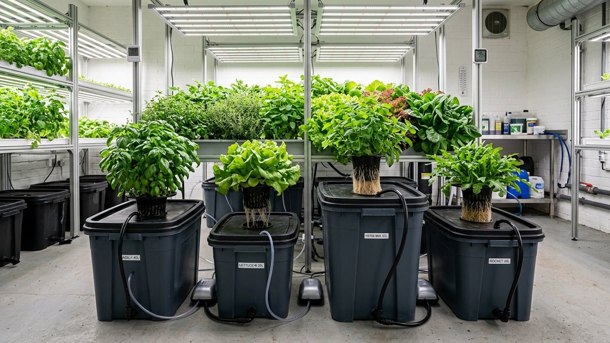 Covered hydroponic reservoirs of several sizes beneath leafy plants