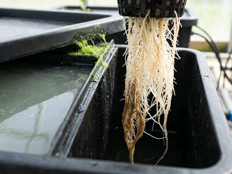 Hydroponic reservoir inspection showing cloudy water, algae and a healthy white root comparison