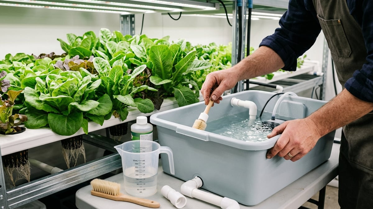 Cleaning a home hydroponic reservoir beside healthy lettuce