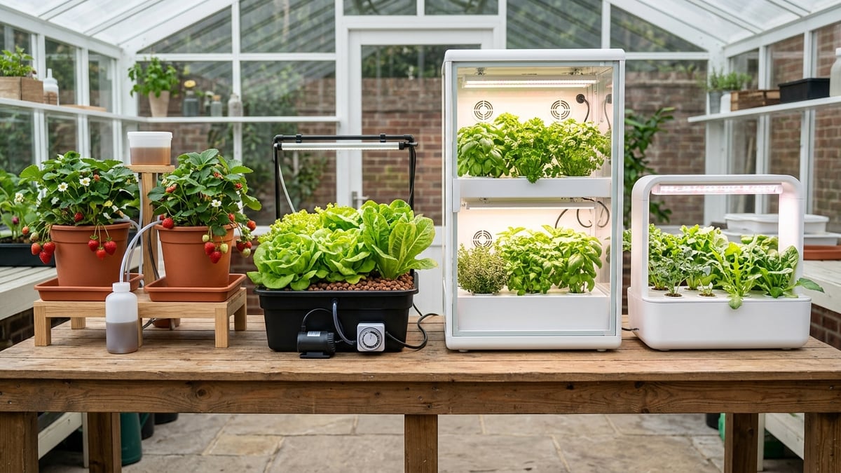 Four home hydroponic system types compared for edible crops