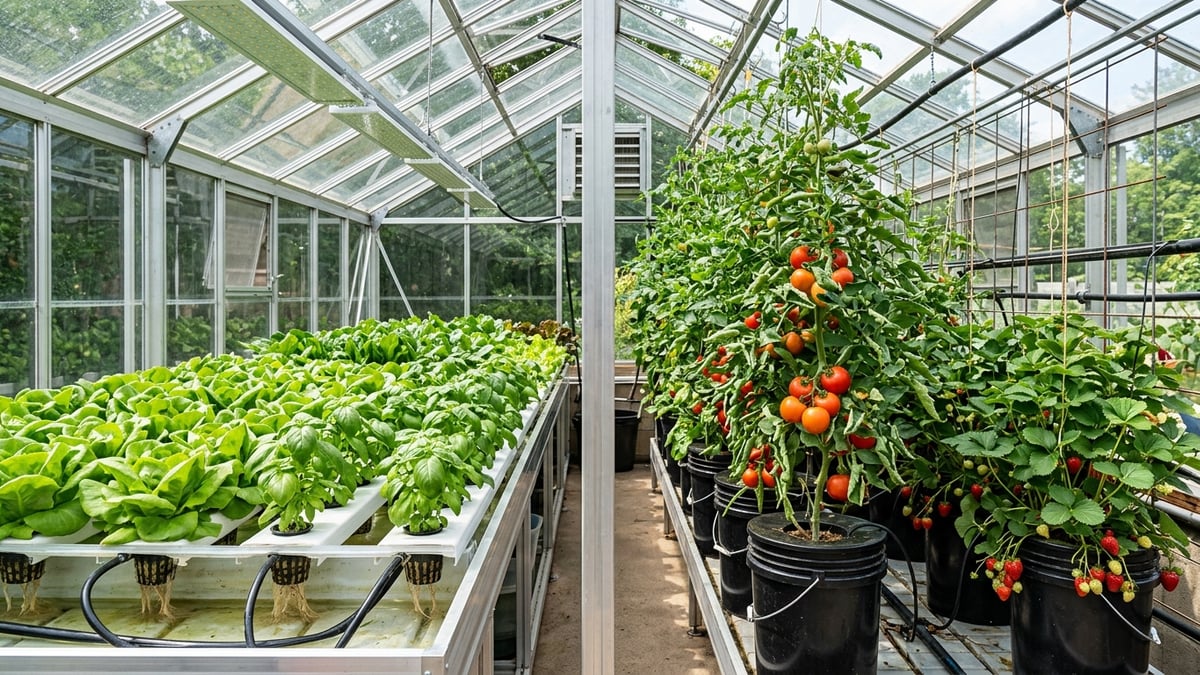 Hydroponic lettuce and basil beside tomato and strawberry systems