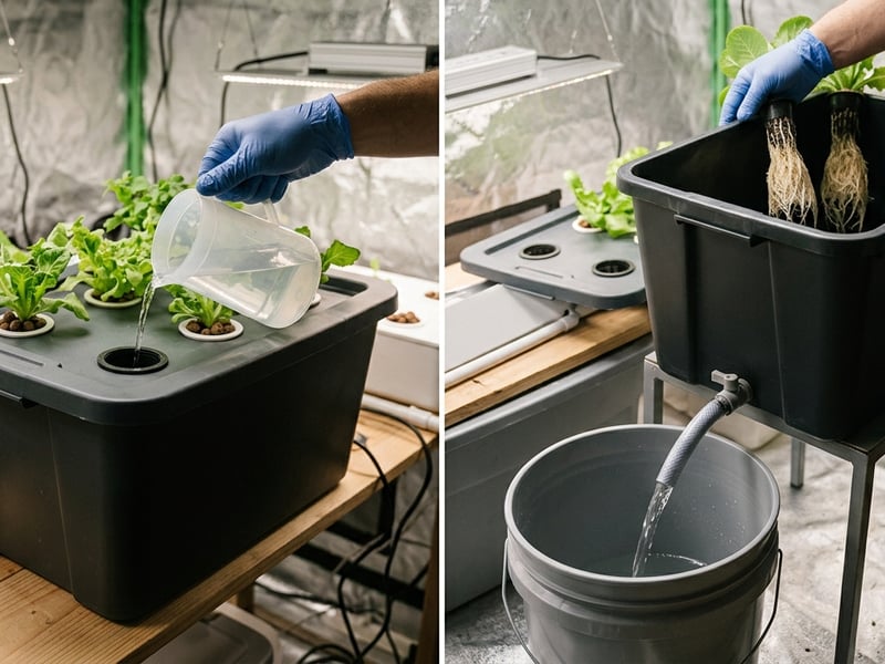 Split view comparing a small reservoir top-up with a complete hydroponic solution change