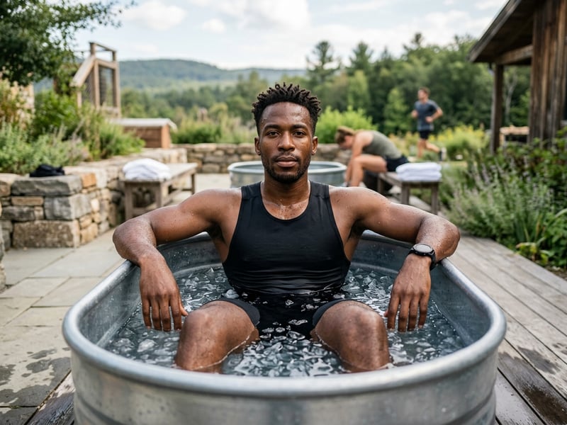 An athlete sitting in an ice bath after training