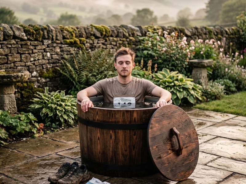 A runner recovering in the Barrel Plunge ice bath beside a dry-stone wall after training