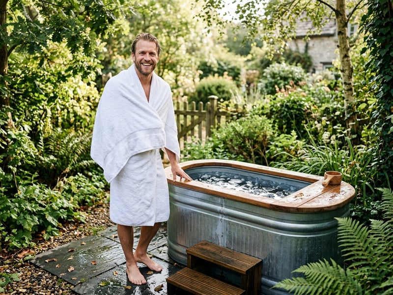 A man wrapped in a towel looking refreshed after a cold plunge in a UK garden