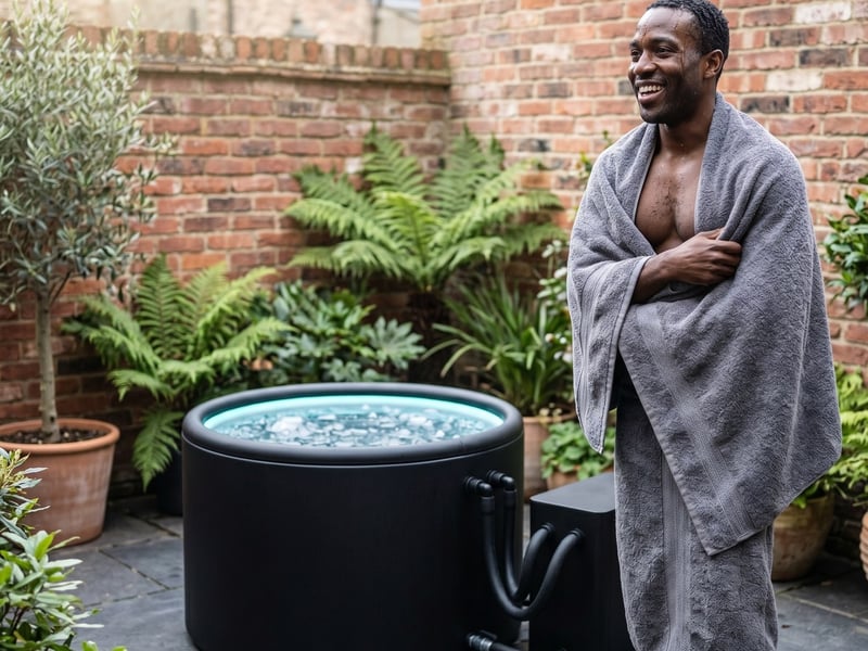 A man towelling off beside the Arctic One ice bath in a city courtyard after a morning plunge