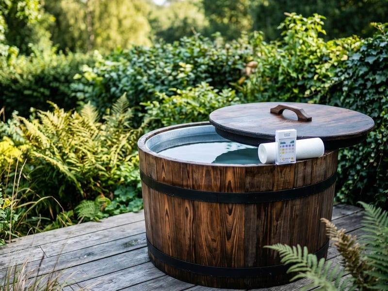 Crystal-clear water in the Barrel Plunge ice bath with a filter cartridge and test kit on the rim