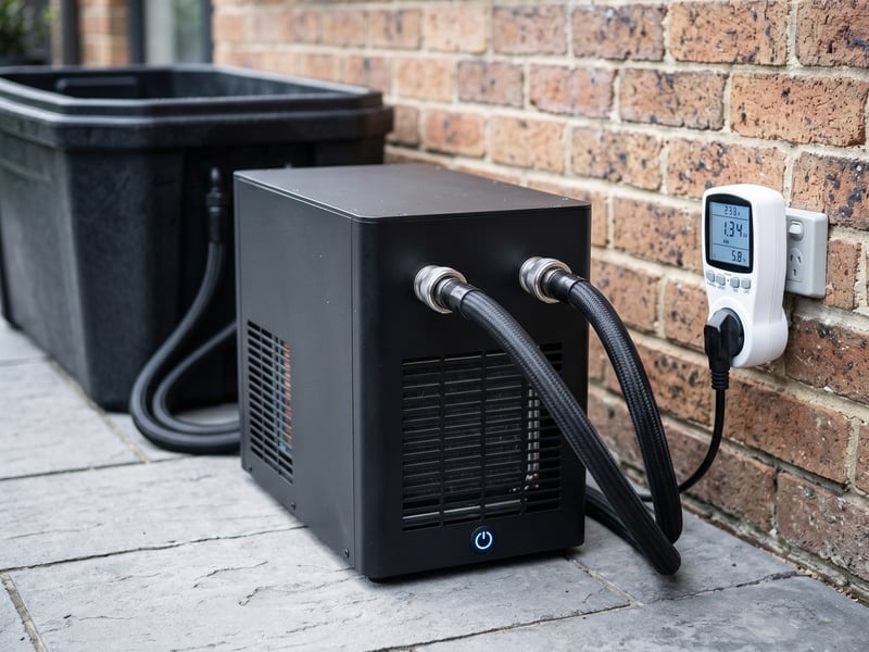 The Recovery Pro chiller plugged in through an energy meter on a UK house wall