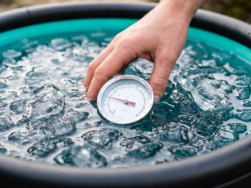 A floating thermometer reading the water temperature in the Arctic One ice bath