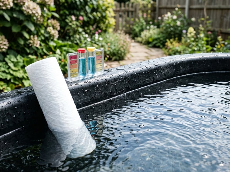 Clear clean water in an ice bath with a filter cartridge and test kit on the rim