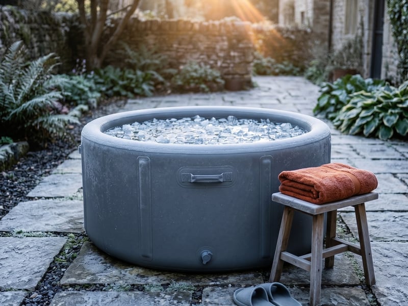 The Inflatable Plunge ice bath on a frosty patio with towel and kit ready
