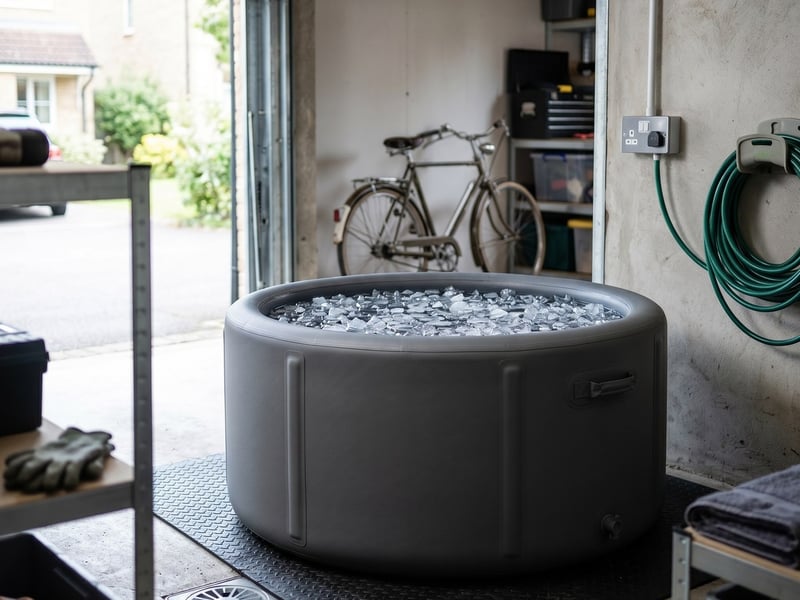 The Inflatable Plunge ice bath set up in a tidy UK garage near a floor drain