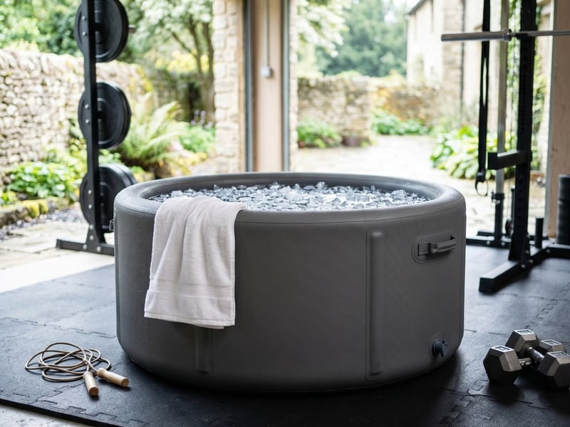 The Inflatable Plunge ice bath in the corner of a home garden gym with training kit