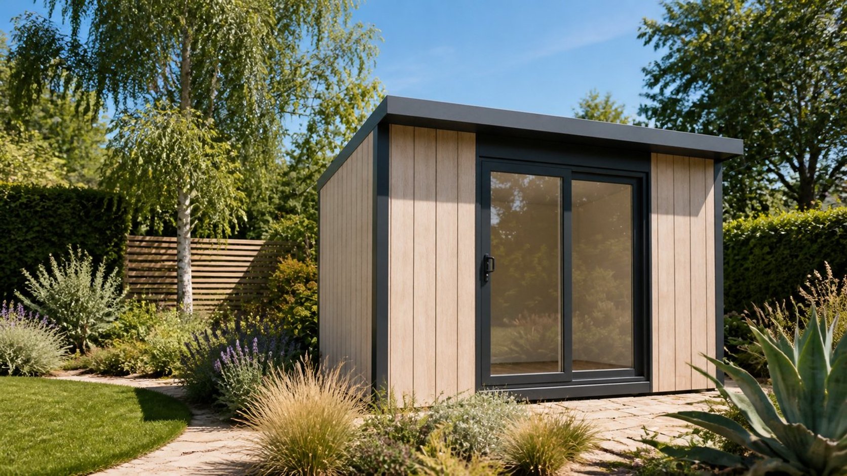Calmpod 12x8 Insulated Garden Building in a bright summer garden