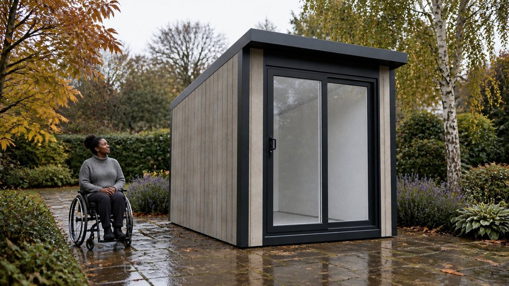 Calmpod 8x12 Insulated Garden Building beside a level path after rain