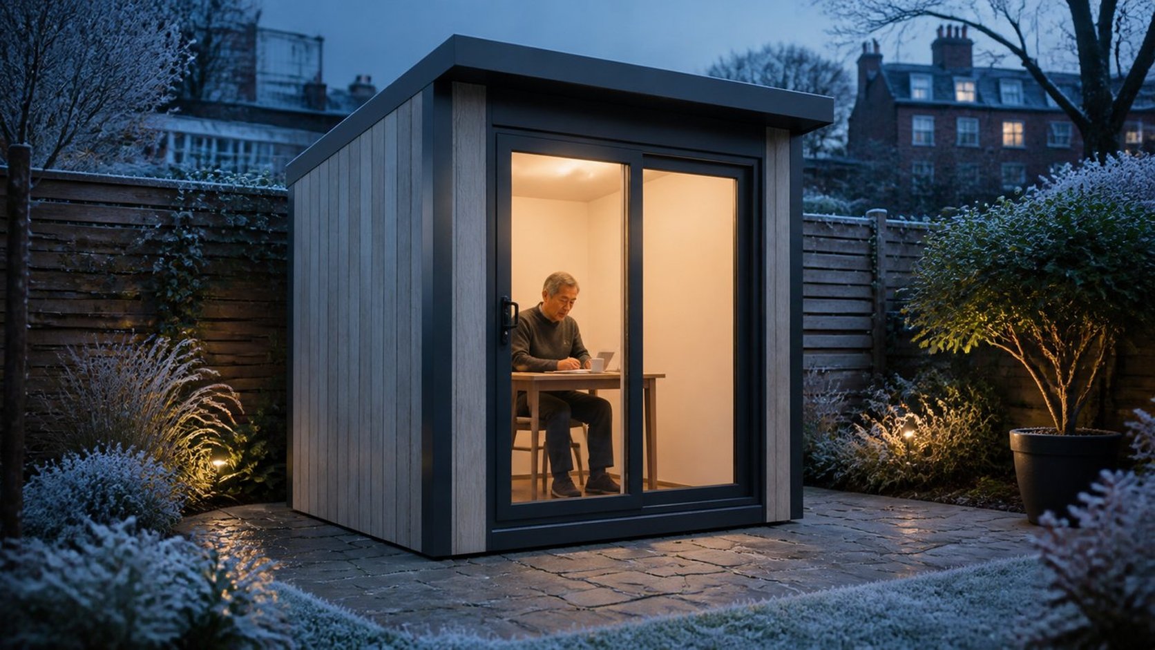 Calmpod 8x8 Insulated Garden Building in a frosty urban garden