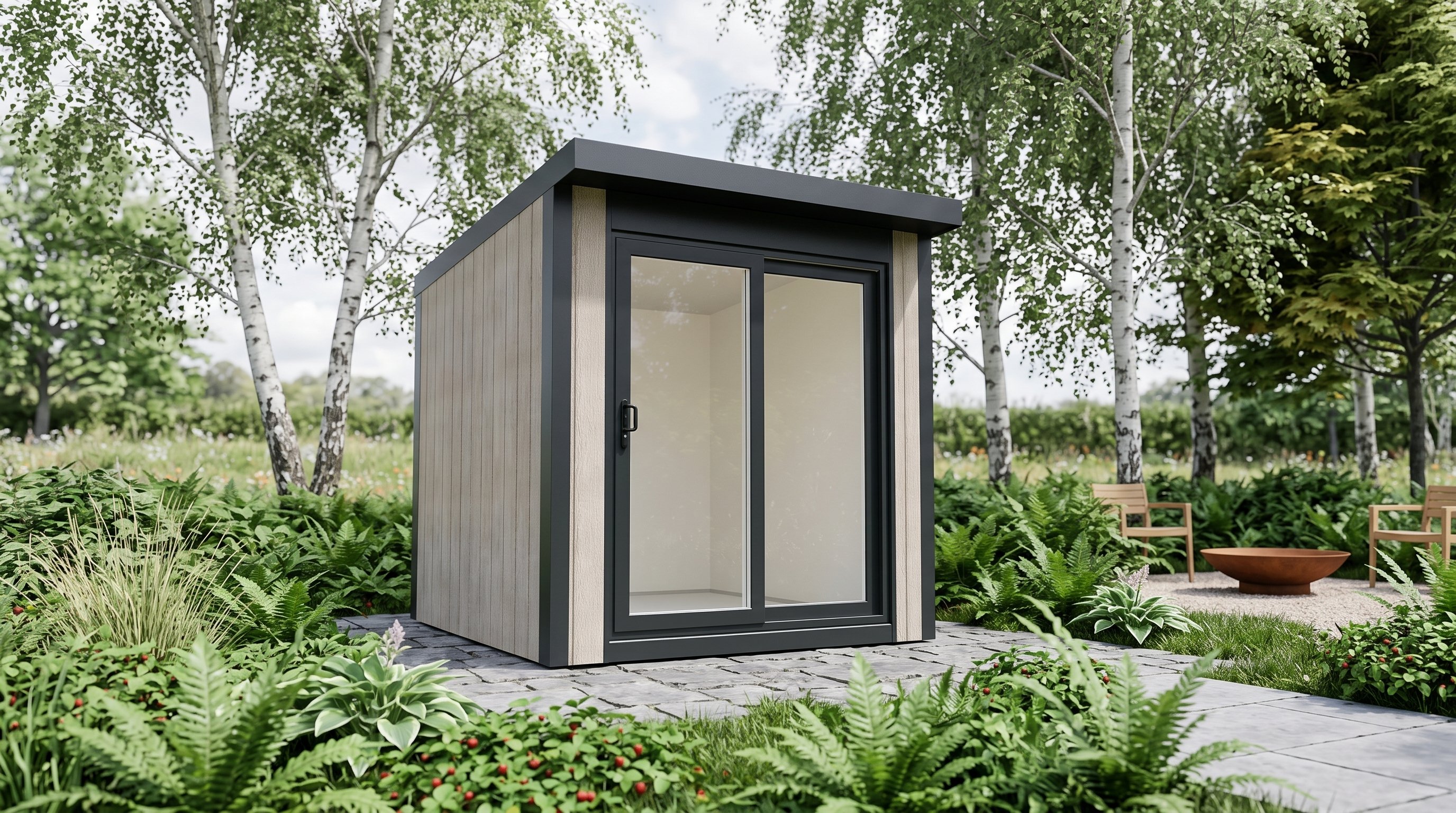 Calmpod 8x8 Insulated Garden Building in a planted birch garden