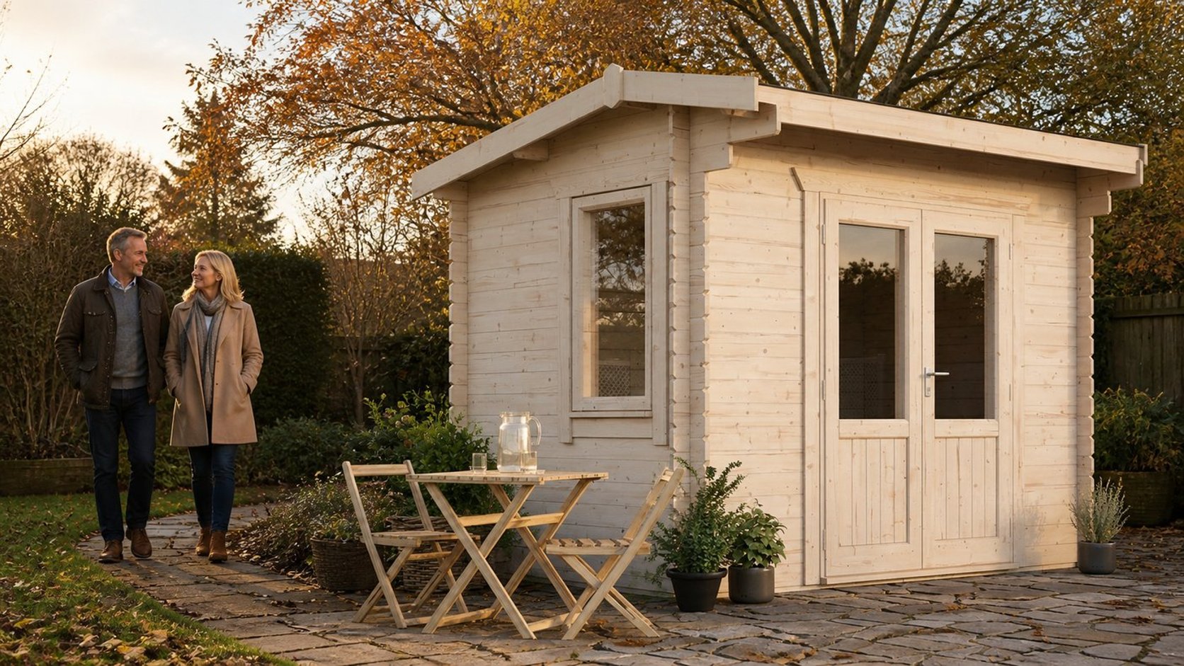 Power 12x8 Apex Log Cabin 28mm in an autumn garden