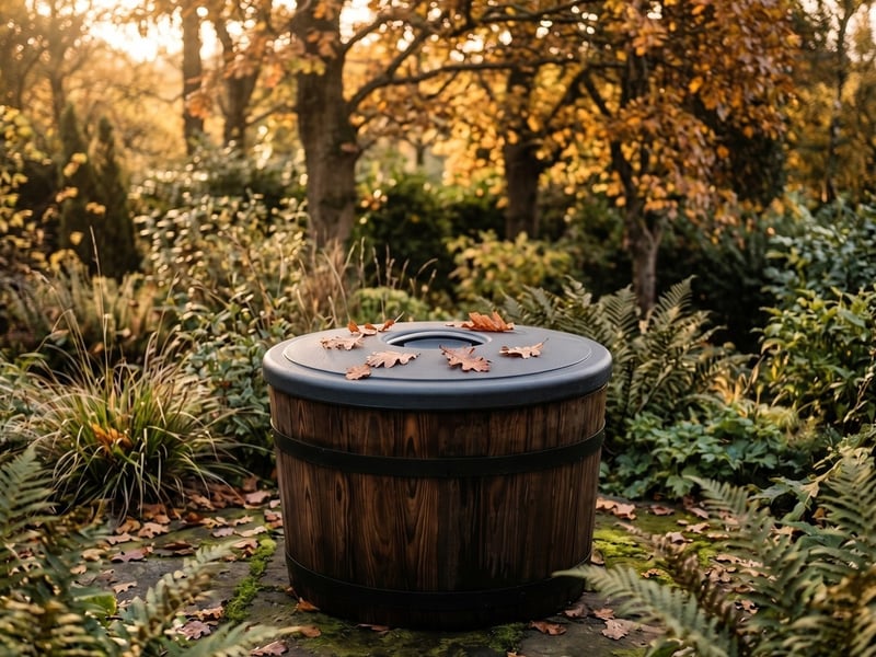 The insulated tub lid keeping autumn leaves out of the Barrel Plunge ice bath