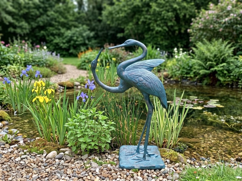 Pair of bronzed metal crane ornaments at the edge of a wildlife pond in a UK country garden with reeds, irises and gravel in soft morning light
